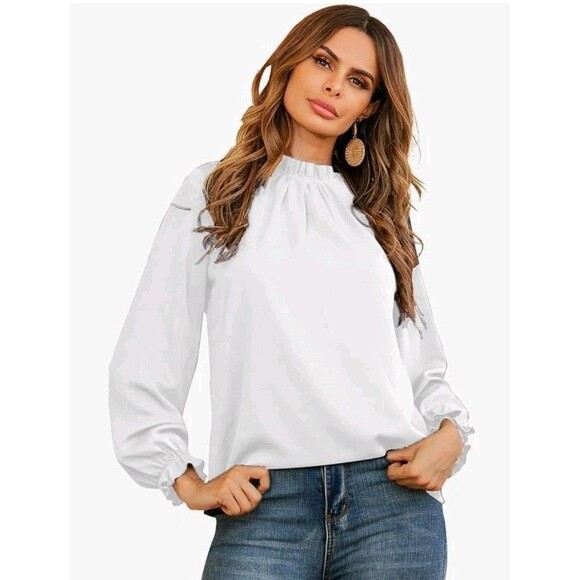 NEW LYANER White Frill Mock-Neck Blouse Size S – Pleated Long-Sleeve Feminine To - Picture 1 of 8